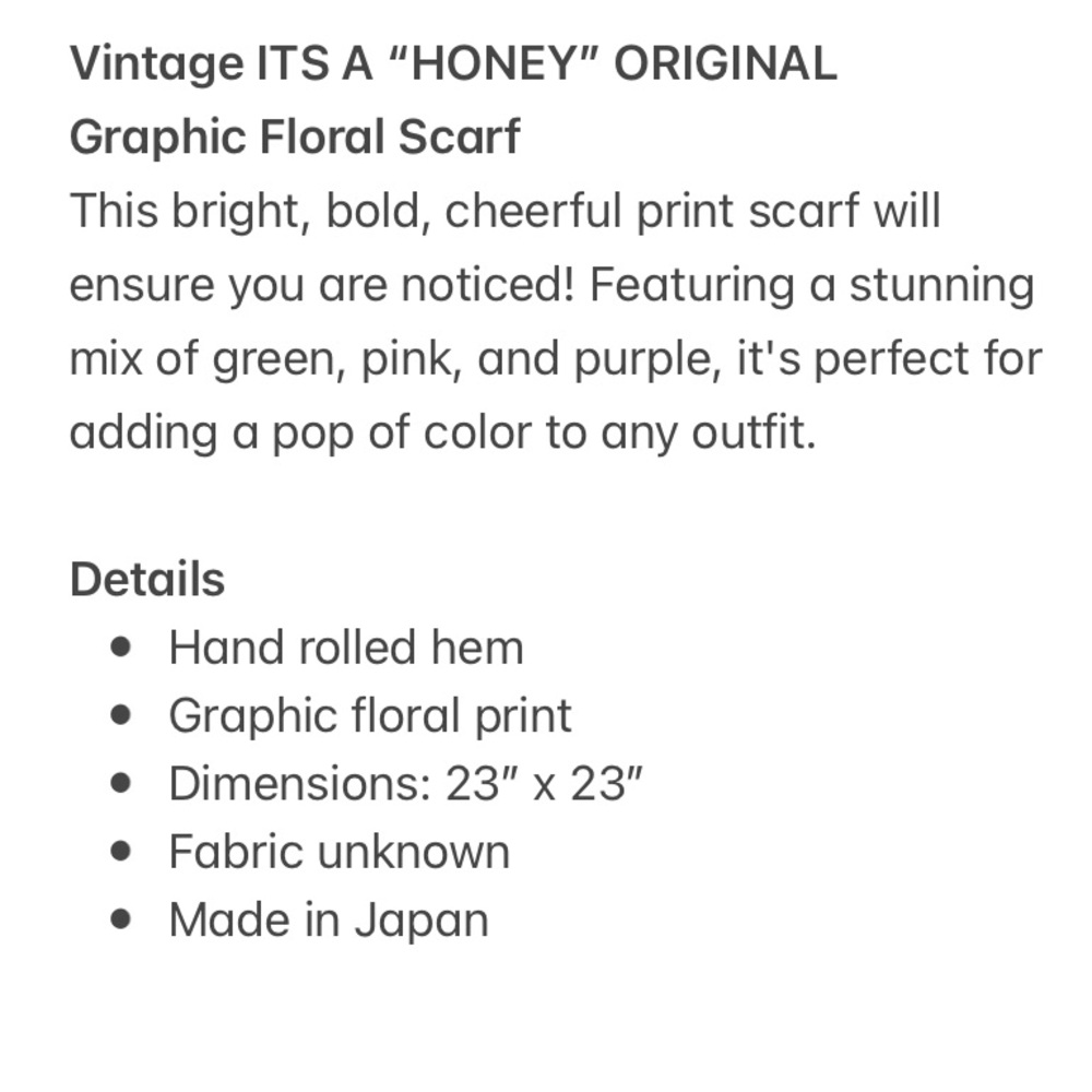 Vintage ITS A “HONEY” ORIGINAL Graphic Floral Scarf - Picture 14 of 15